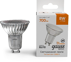 Лампа светодиодная Gauss Basic 8Вт цок.:GU10 софит 220B св.свеч.теп.св./дневн. (упак.:10шт) (10106182)