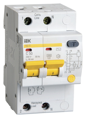 Выключатель автом. дифф. тока IEK MAD10-2-050-C-030 АД12 50A тип C 4.5kA 30мА AC 2П 230В 3мод белый (упак.:1шт)