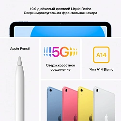 Планшет Apple iPad 2022 A2757 A14 Bionic 6С RAM4Gb ROM64Gb 10.9" IPS 2360x1640 5G iOS синий 12Mpix 12Mpix BT WiFi 9hr