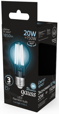 Лампа светодиодная Gauss Filament 102902220 20Вт цок.:E27 груша 220B 4100K св.свеч.бел.нейт. (упак.:1шт)