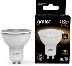 Лампа светодиодная Gauss 101506109 9Вт цок.:GU10 рефлек. 220B св.свеч.бел.теп. MR16 (упак.:10шт)