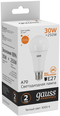 Лампа светодиодная Gauss Elementary A67 30Вт цок.:E27 груша 220B 3000K св.свеч.бел.теп. А67 (упак.:1шт) (73219)