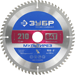 Диск пильный по алюм./дер./ЛДСП Зубр 36907-210-30-64_z01 d=210мм d(посад.)=30мм (торцовочные пилы)