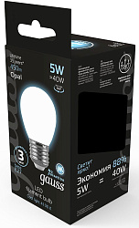 Лампа филам. Gauss Filament 5Вт цок.:E27 шар 220B св.свеч.бел.нейт. (упак.:1шт) (105202205)