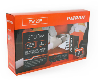 Сварочный аппарат для пластиковых труб Patriot PW 205 2кВт Тмакс.:300 парн.насад. (кейс в компл.) (170302010)