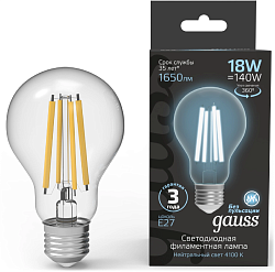 Лампа филам. Gauss Filament 18Вт цок.:E27 груша 220B св.свеч.бел.нейт. (упак.:10шт) (102902218)