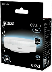 Лампа светодиодная Gauss 8Вт цок.:GX53 таблетка 220B св.свеч.бел.нейт. Tablet (упак.:10шт) (108008208)