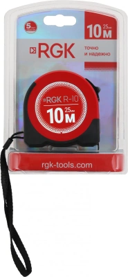 Рулетка строительная RGK R10 дл.полотна 10м изм.шкала в см зацеп простой красный/черный (774918)