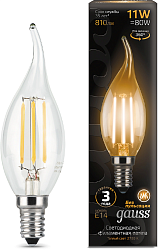 Лампа филам. Gauss Filament 11Вт цок.:E14 свеча 220B св.свеч.бел.теп. CF35 (упак.:10шт) (104801111)