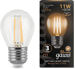 Лампа филам. Gauss 11Вт цок.:E27 шар 220B св.свеч.бел.теп. G45 (упак.:10шт) (105802111)