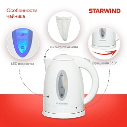 Чайник электрический Starwind SKP2211 1.7л. 2200Вт белый корпус: пластик