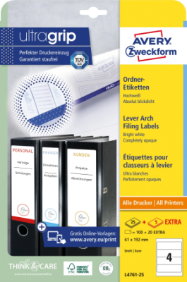 Этикетки Avery Zweckform L4761-25 A4 61x192мм 4шт на листе/80г/м2/25л./белый самоклей. универсальная