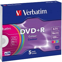 Диск DVD+R Verbatim 4.7Gb 16x Slim case (5шт) Color (43556)