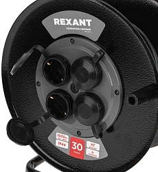 Удлинитель силовой Rexant КГ (13-5011) 3x1.5кв.мм 4розет. 30м КГ 16A метал.катушка черный