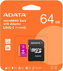 Флеш карта microSDXC 64GB A-Data AUSDX64GUICL10-RA1 + adapter