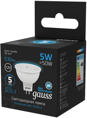 Лампа светодиодная Gauss 201505305 5Вт цок.:GU5.3 рефлек. 12B 6500K св.свеч.бел.хол. (упак.:1шт)