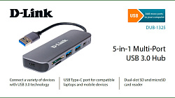 Разветвитель USB 3.0 D-Link DUB-1325/A1A 2порт. серый